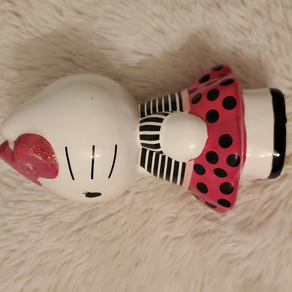 Hello Kitty Ceramic Coin Bank 8" Tall. Pink Polka Dot Skirt, Striped Blouse - Picture 4 of 10